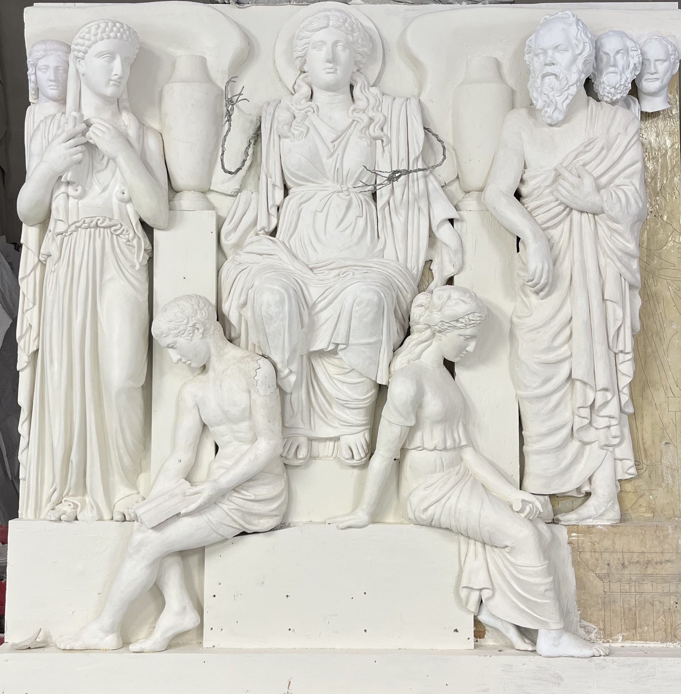 Center Panel 
Featuring Sappho, Homer, Socrates, and Athena of Liberty - work in progress by Master Stone Carver Nicholas Fairplay