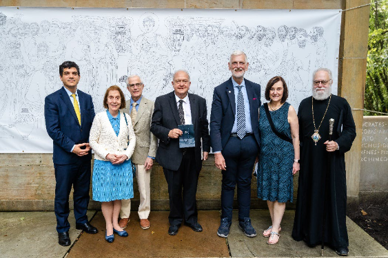 (left to right) Consul General Emmanuel Koubarakis, Marjorie and Bert Moyar, Louis Frangos, Deputy Foreign Minister Ioannis-Michael Loverdos, Ann Frangos, Metropolitan Savas at the Greek Garden