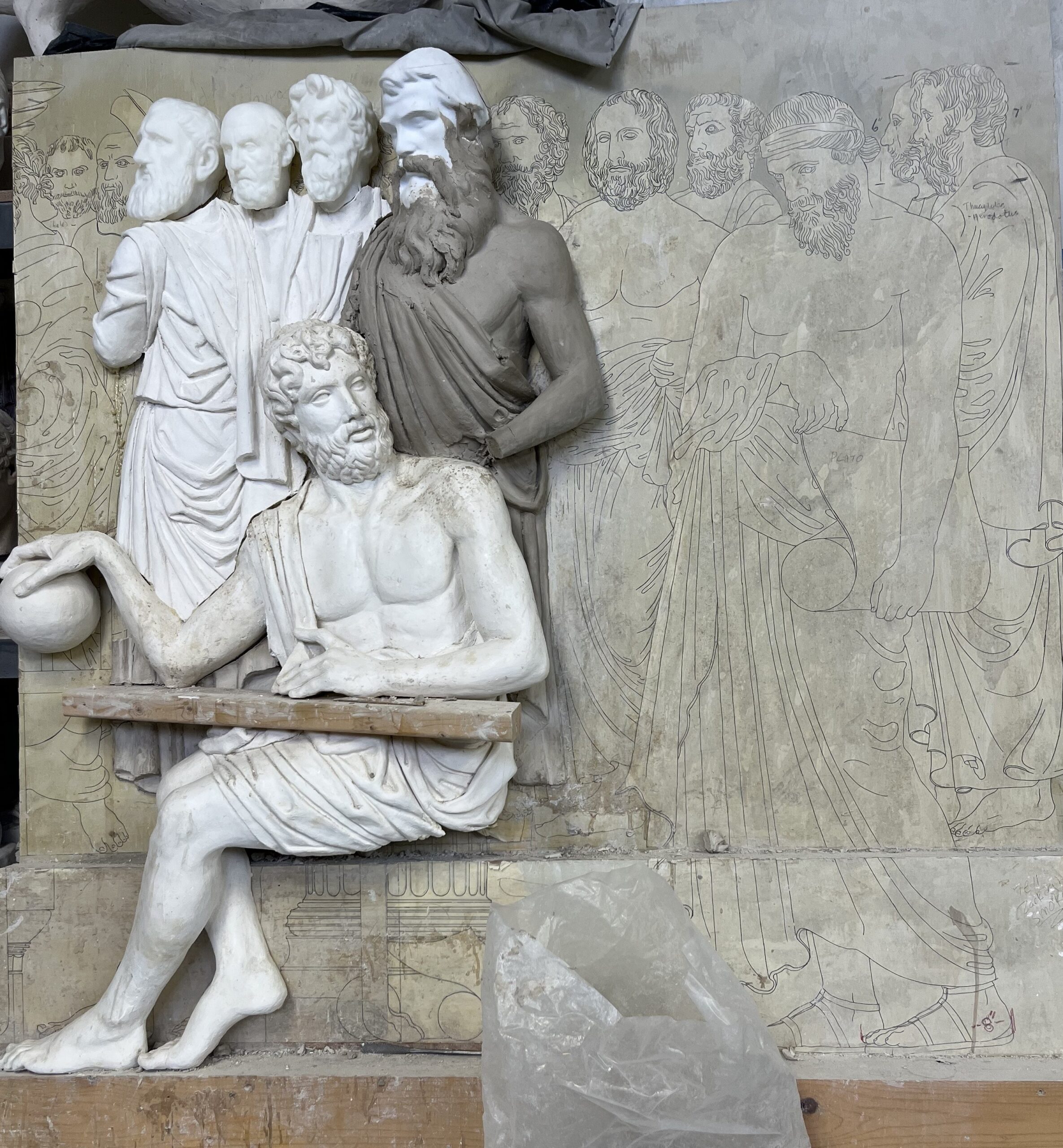 Right Panel 
Featuring Archimedes and Euclid - work in progress by Master Stone Carver Nicholas Fairplay